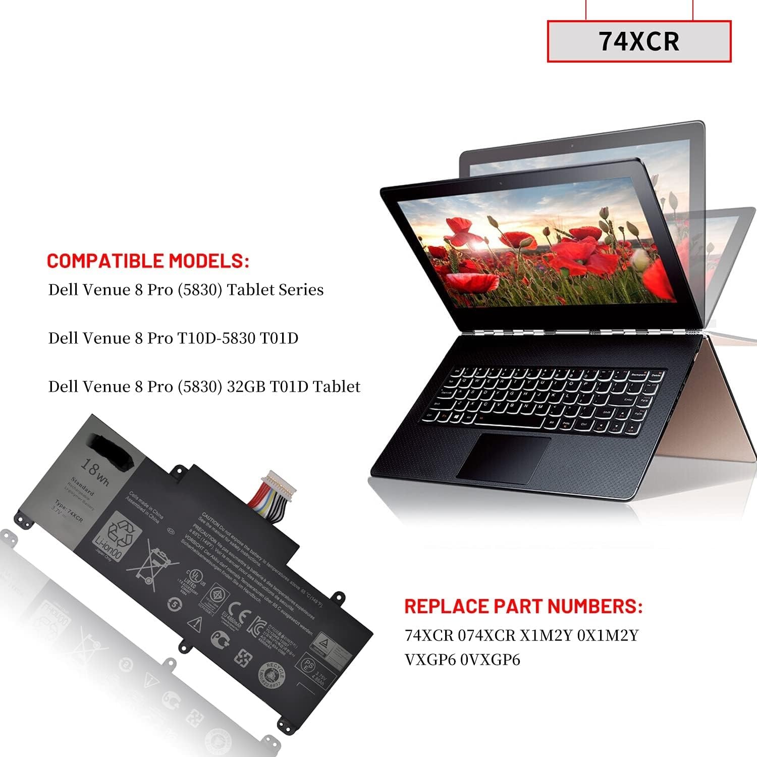 WISTAR 74XCR Laptop Battery Compatible for Dell Venue 8 Pro 5830 T01D T10D-5830 Windows VXGP6 X1M2Y Series Tablet 074XCR 0X1M2Y 0VXGP6